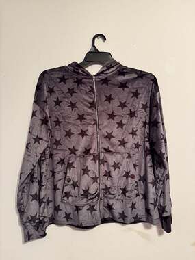 Velour Star Print Zip-Up Hoodie Gray Black Size S